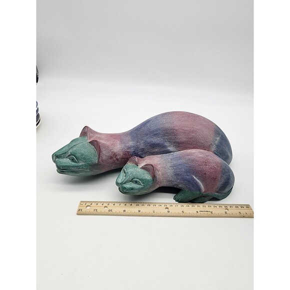 OOAK colorful 16" Purple Wood Hand Carved CAT Statue ARTISAN MADE ADULT KITTEN - Picture 14 of 14